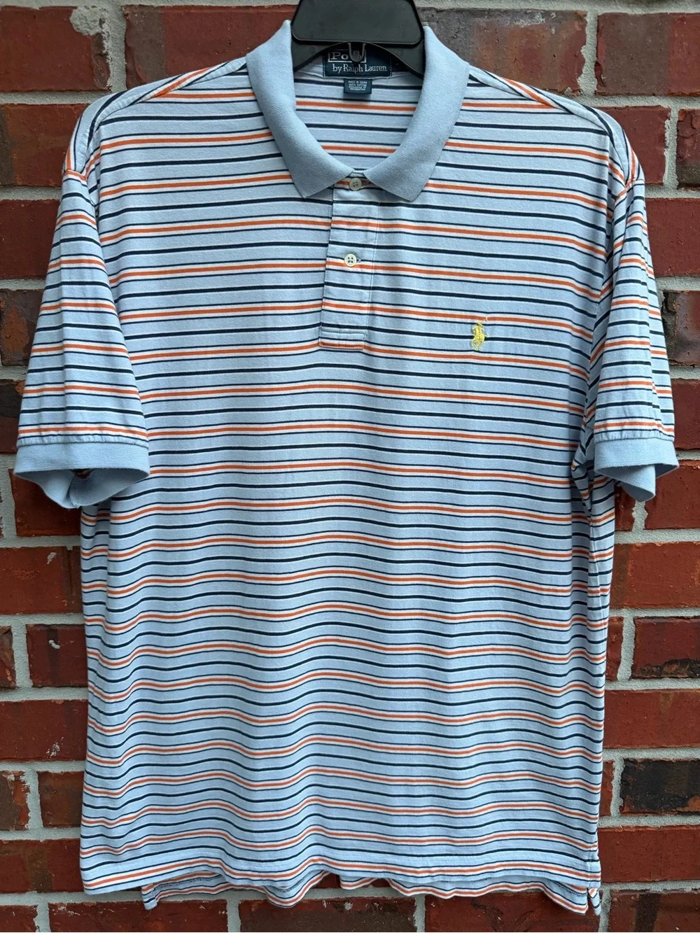 Polo Ralph Lauren Men’s XL Light Blue Navy & Orange Striped Polo Shirt P1